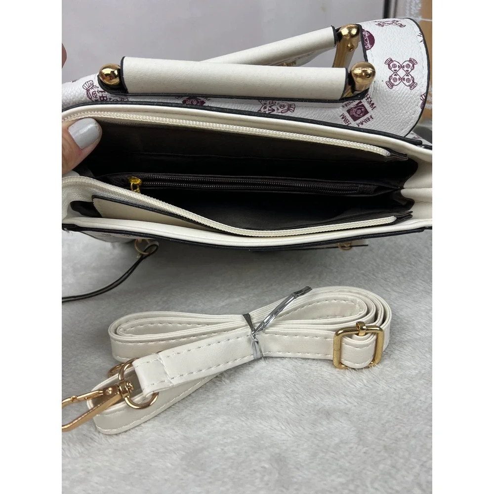 HBMM Monogram Heart Crown Satchel Handbag White Purple Gold Crossbody Bag